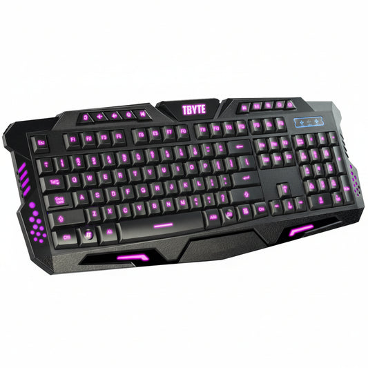 Gaming keyboard with purple backlighting on a white background