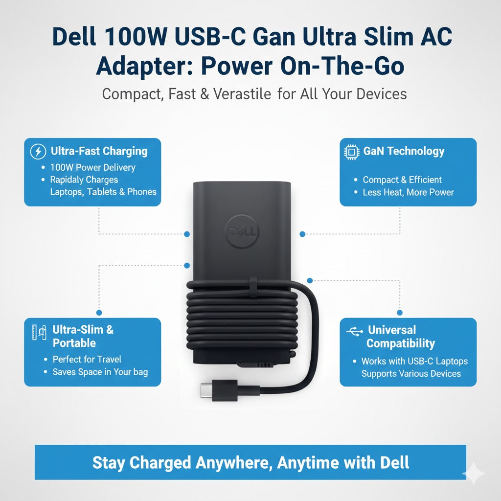 Dell 100W USB-C GaN Ultra Slim AC Adapter Fast Charger Compatible with Laptops & Devices
