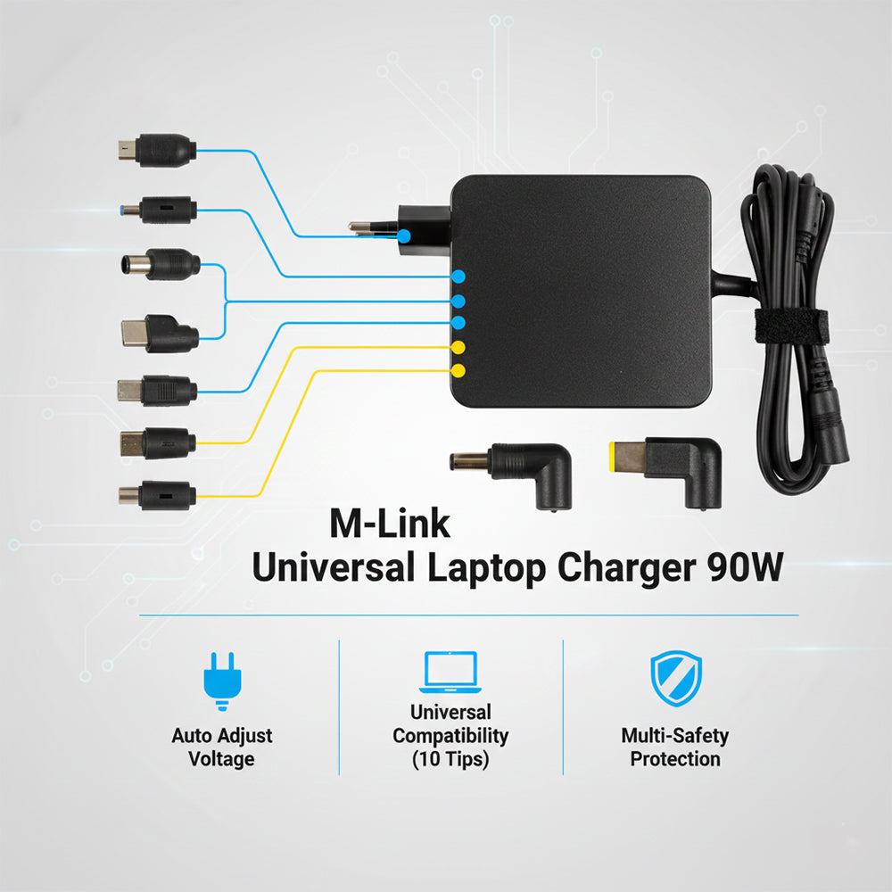 M-Link Universal Laptop Charger 90W Auto Adjust with 10 Tips AC Adapter Power Supply