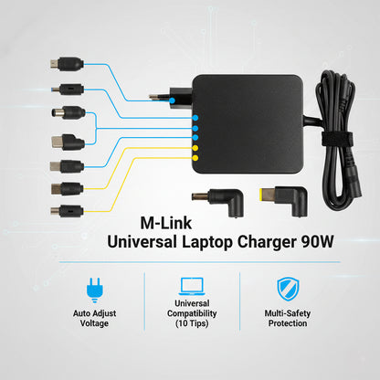 M-Link Universal Laptop Charger 90W Auto Adjust with 10 Tips AC Adapter Power Supply