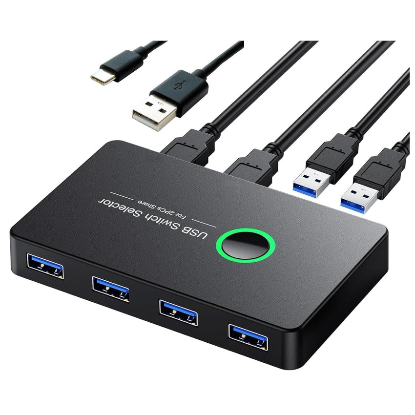 USB switch selector with multiple USB cables on a white background