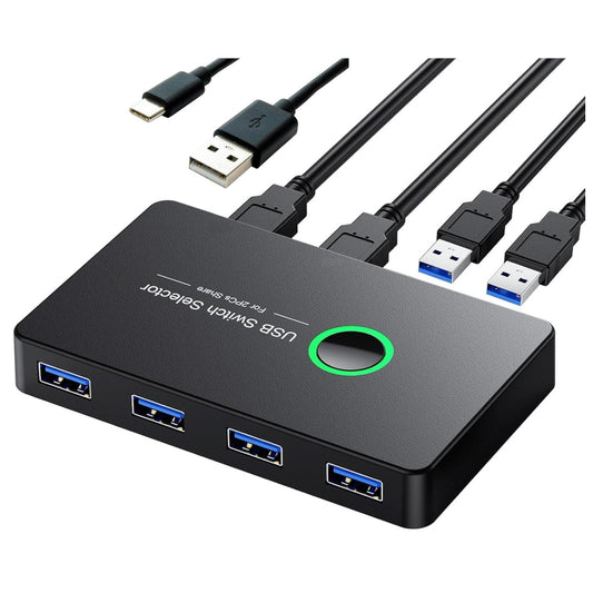 USB switch selector with multiple USB cables on a white background